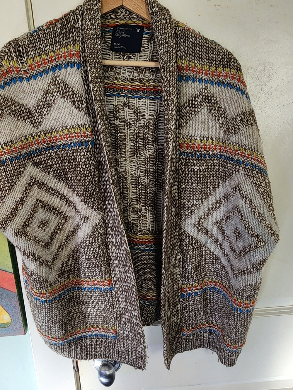 American Eagle Outfitters Brown Geometric Open Cardigan Sweater